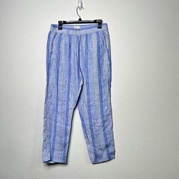 C&C California Women’s Blue Striped Linen Raw Hem Pull On Pants Size M Pockets - Picture 1 of 8